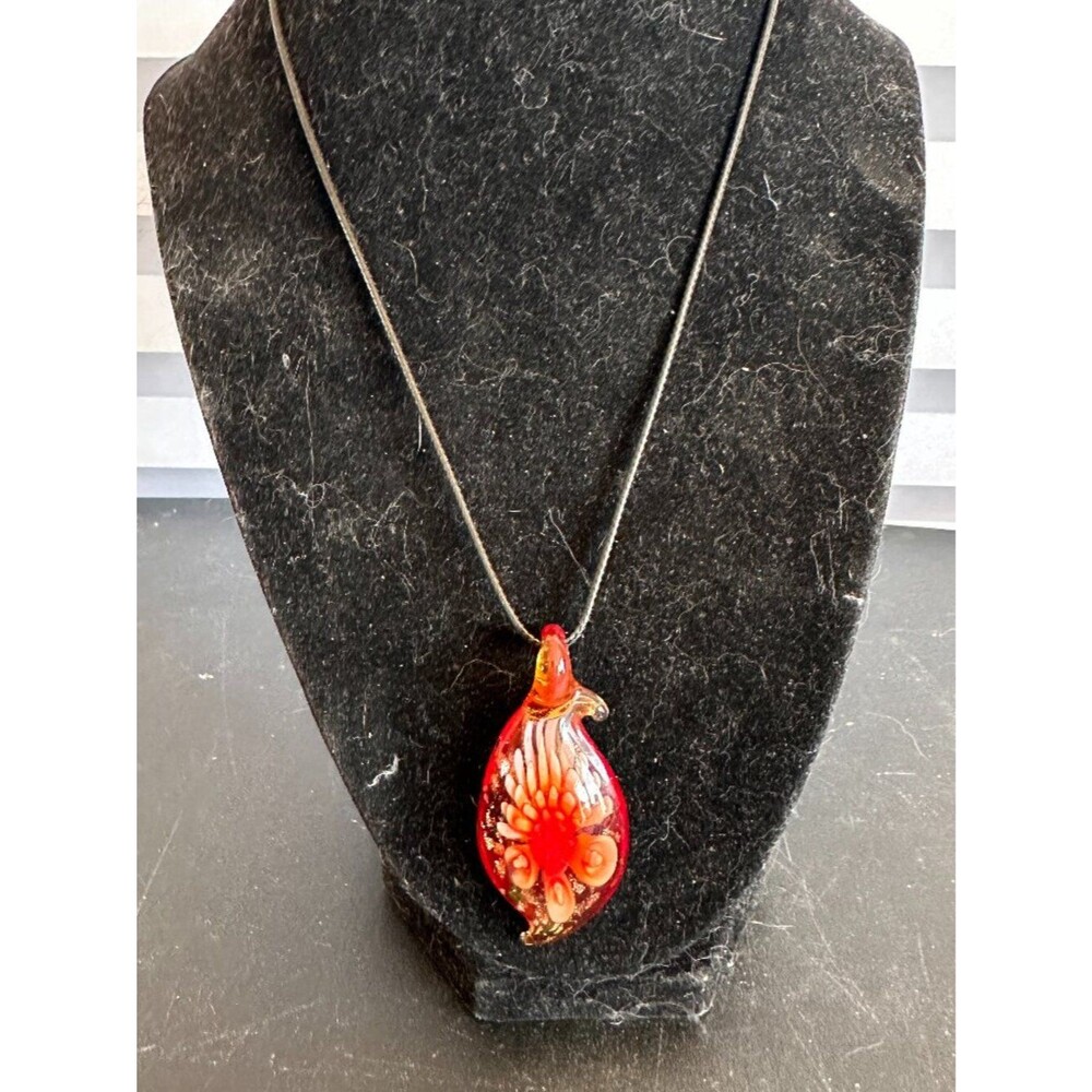 Millefiori Style Red Glass Pendant Necklace Murano Style Flower Art Jewelry